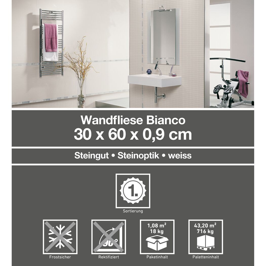 Wandfliese 'Bianco' Steingut weiß 30 x 60 cm