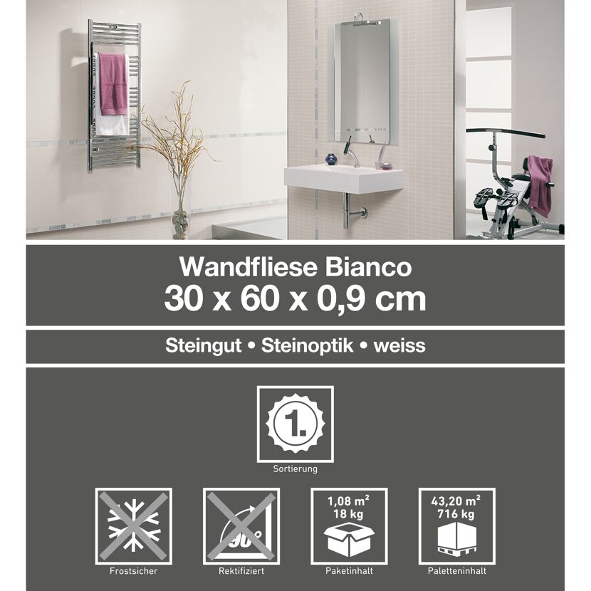 Wandfliese 'Bianco' Steingut weiß 30 x 60 cm