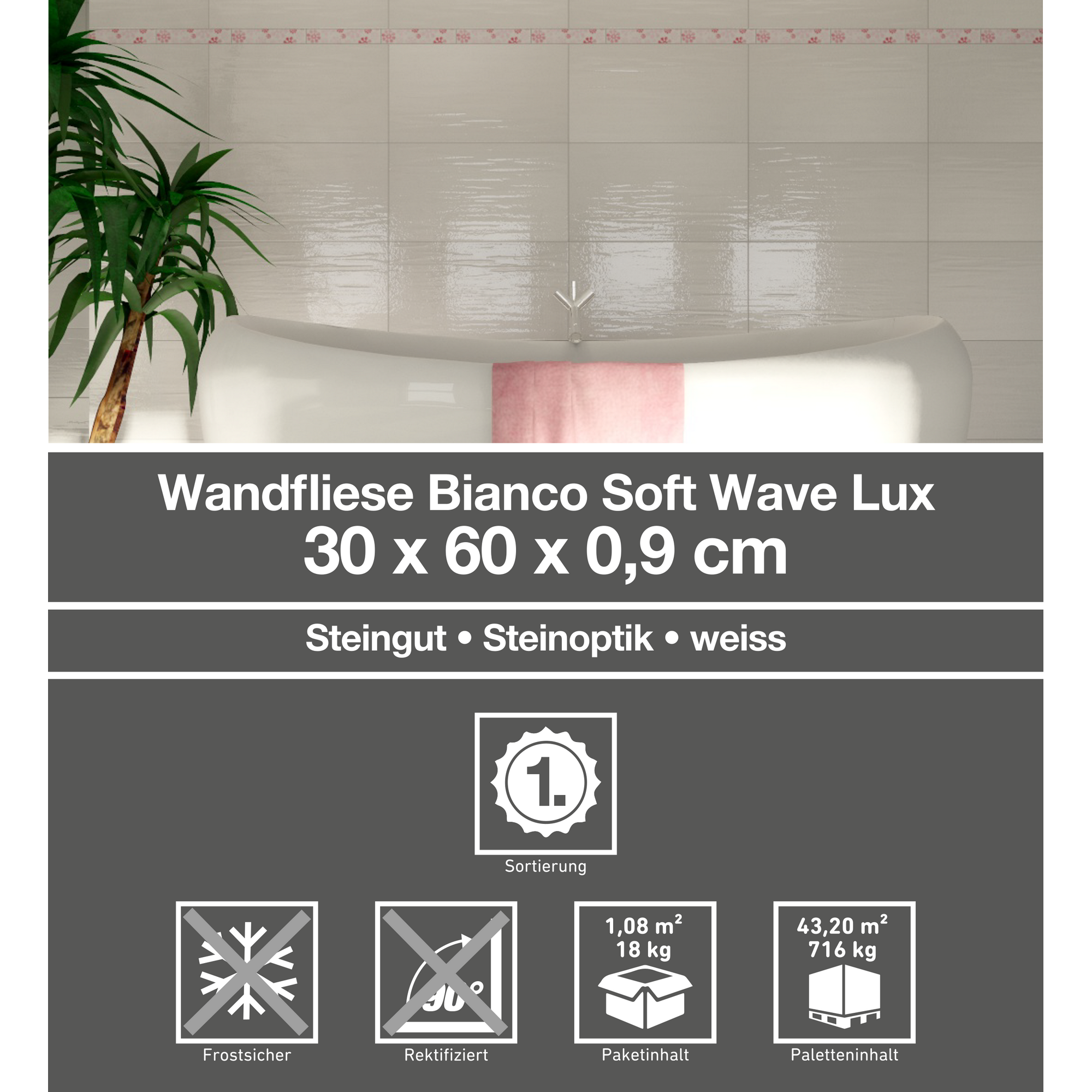 Wandfliese 'Bianca' Steingut weiß glänzend 30 x 60 cm + product picture