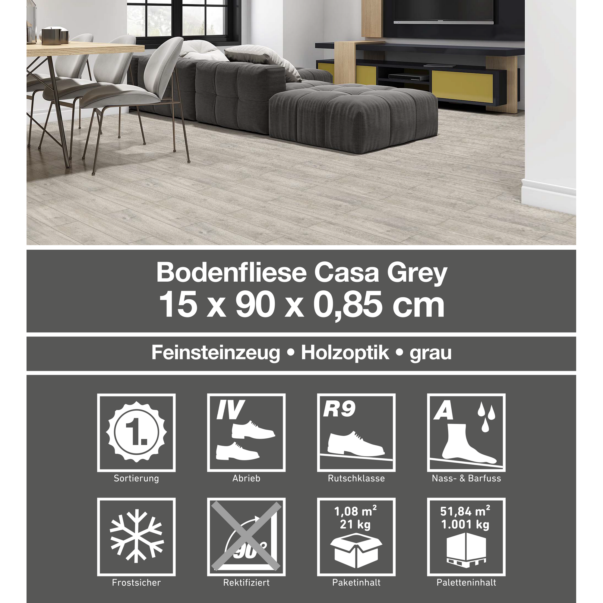Bodenfliese 'Casa' Feinsteinzeug grau 15 x 90 cm + product picture