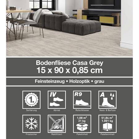3. Bild von Bodenfliese 'Casa' Feinsteinzeug grau 15 x 90 cm