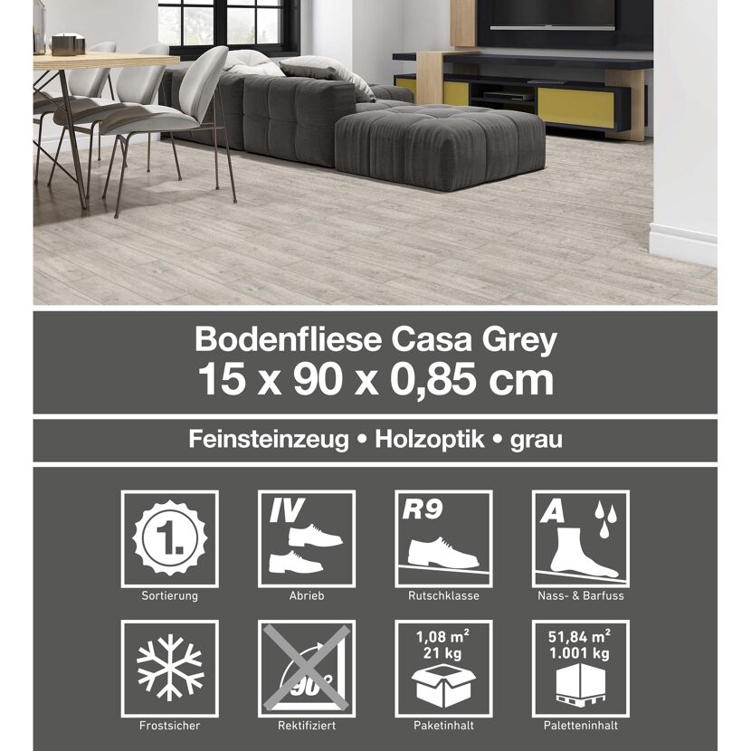 Graue Bodenfliese Casa Grey verlegt in einem Wohnzimmer