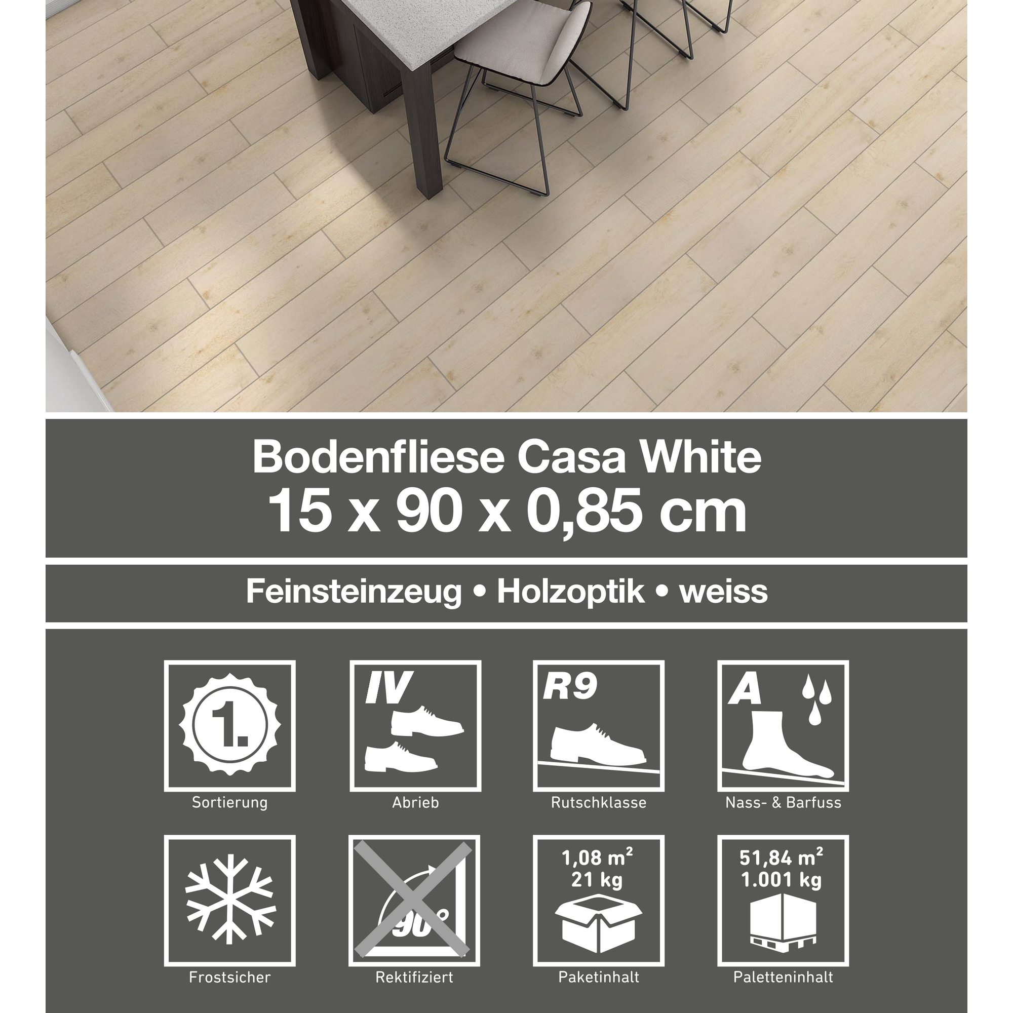 Bodenfliese 'Casa' Feinsteinzeug weiß 15 x 90 cm + product picture