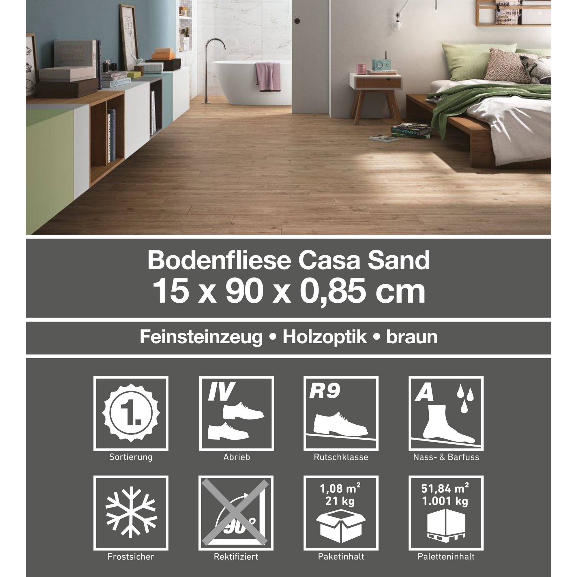 Bodenfliese 'Casa' Feinsteinzeug sandfarben 15 x 90 cm + product picture