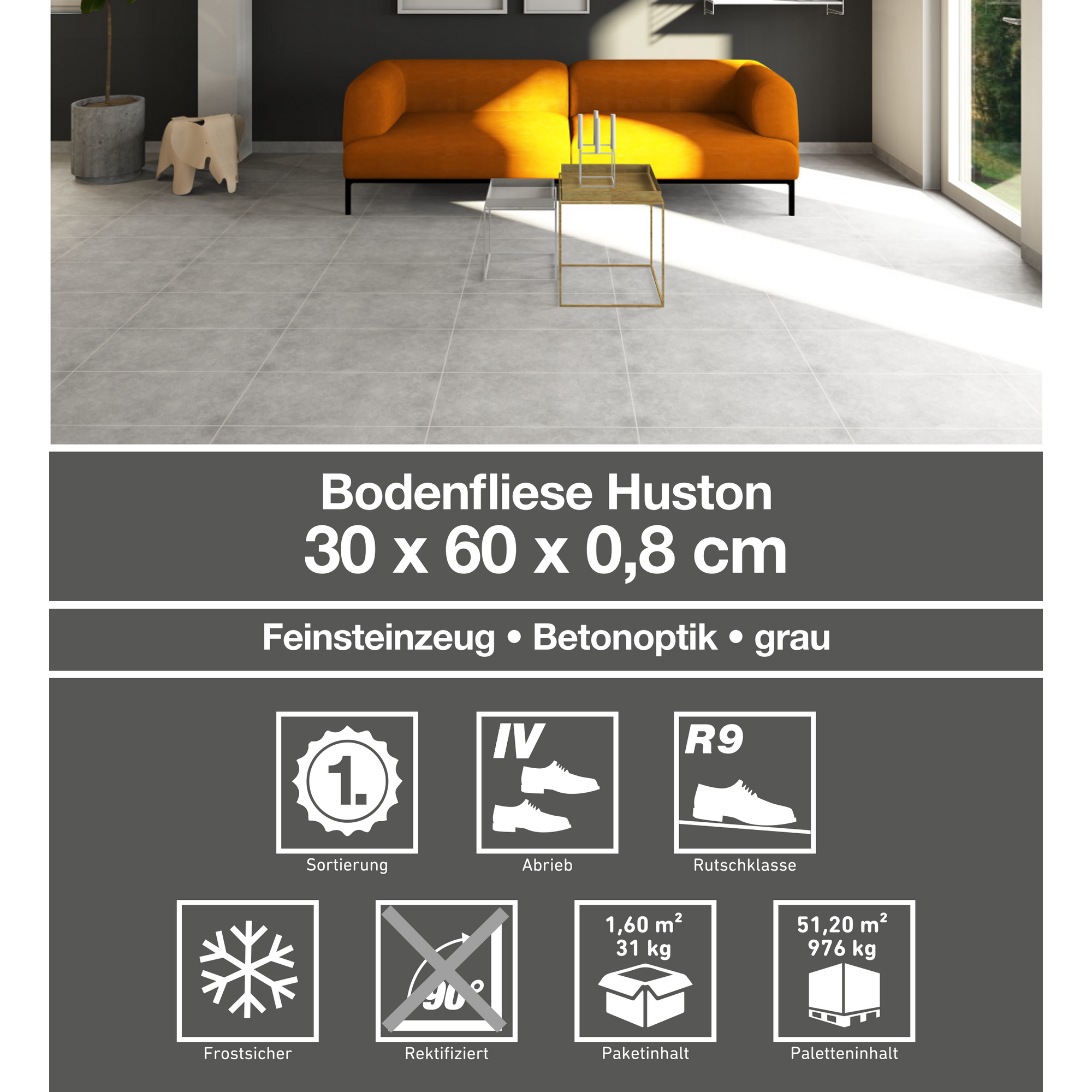 Bodenfliese 'Huston' Feinsteinzeug grau 30 x 60 cm + product picture