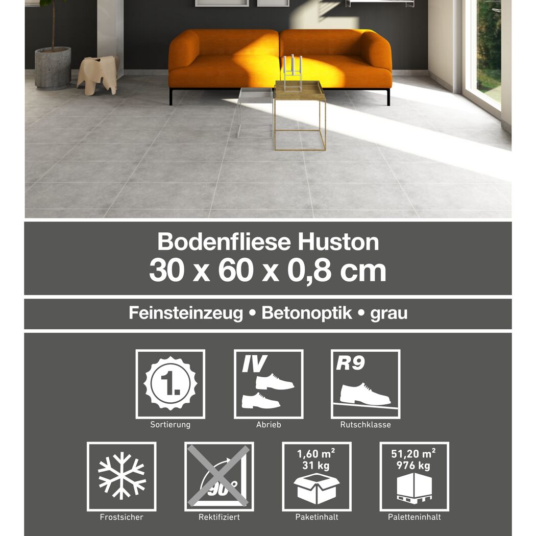 Bodenfliese 'Huston' Feinsteinzeug grau 30 x 60 cm