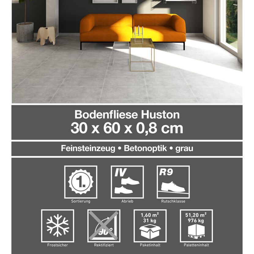 Bodenfliese 'Huston' Feinsteinzeug grau 30 x 60 cm