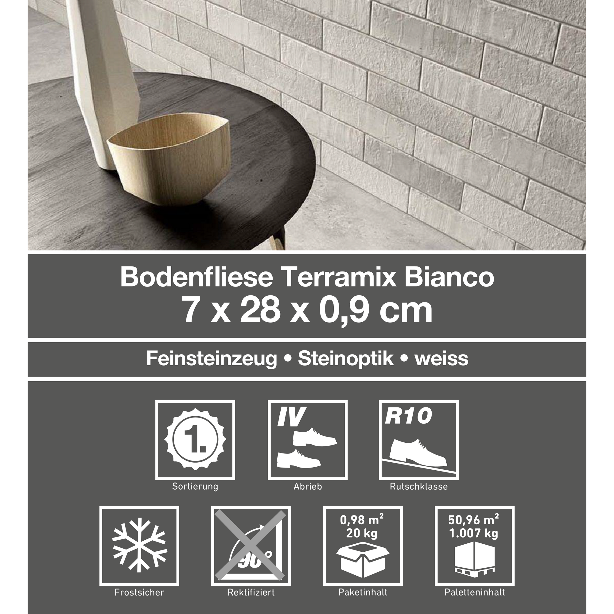Bodenfliese 'Terramix' Feinsteinzeug grau 7 x 28 cm + product picture