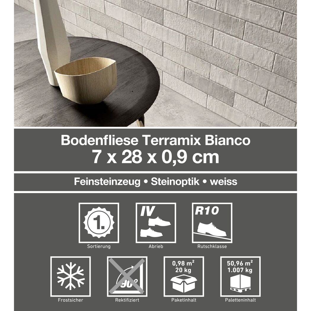 Bodenfliese 'Terramix' Feinsteinzeug grau 7 x 28 cm