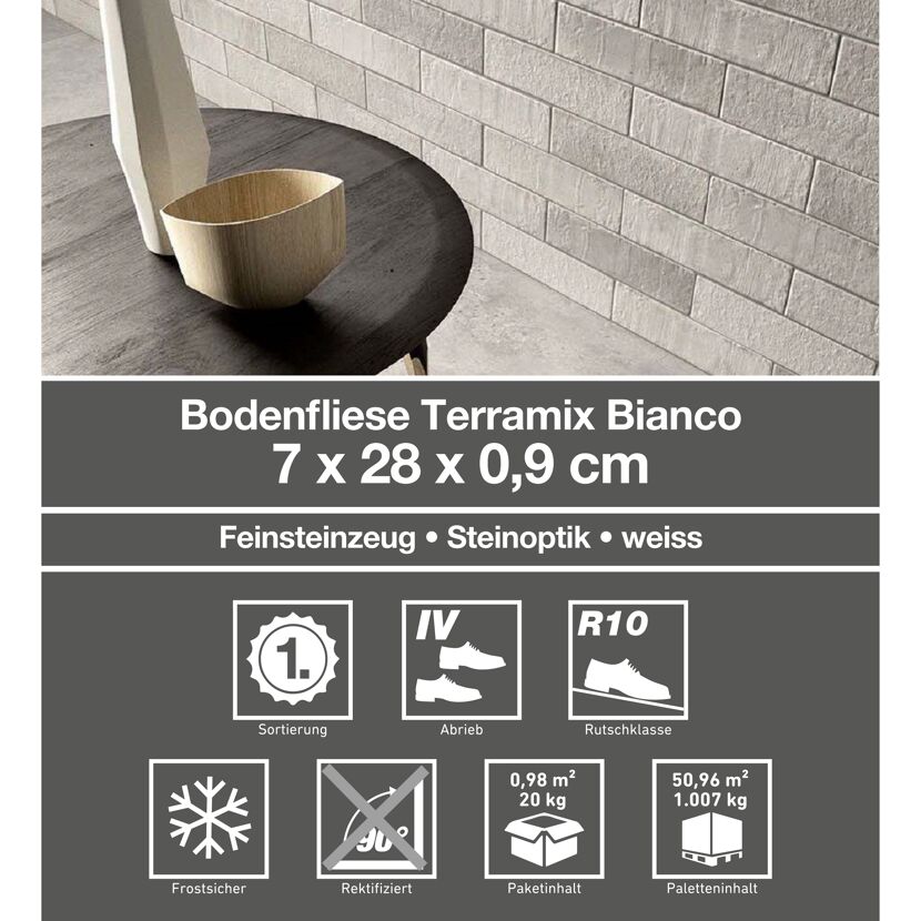 Bodenfliese 'Terramix' Feinsteinzeug grau 7 x 28 cm