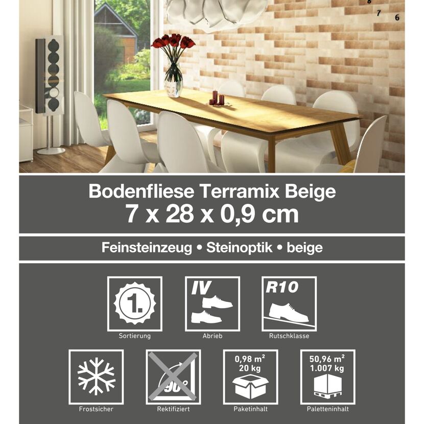 Bodenfliese 'Terramix' Feinsteinzeug beige 7 x 28 cm