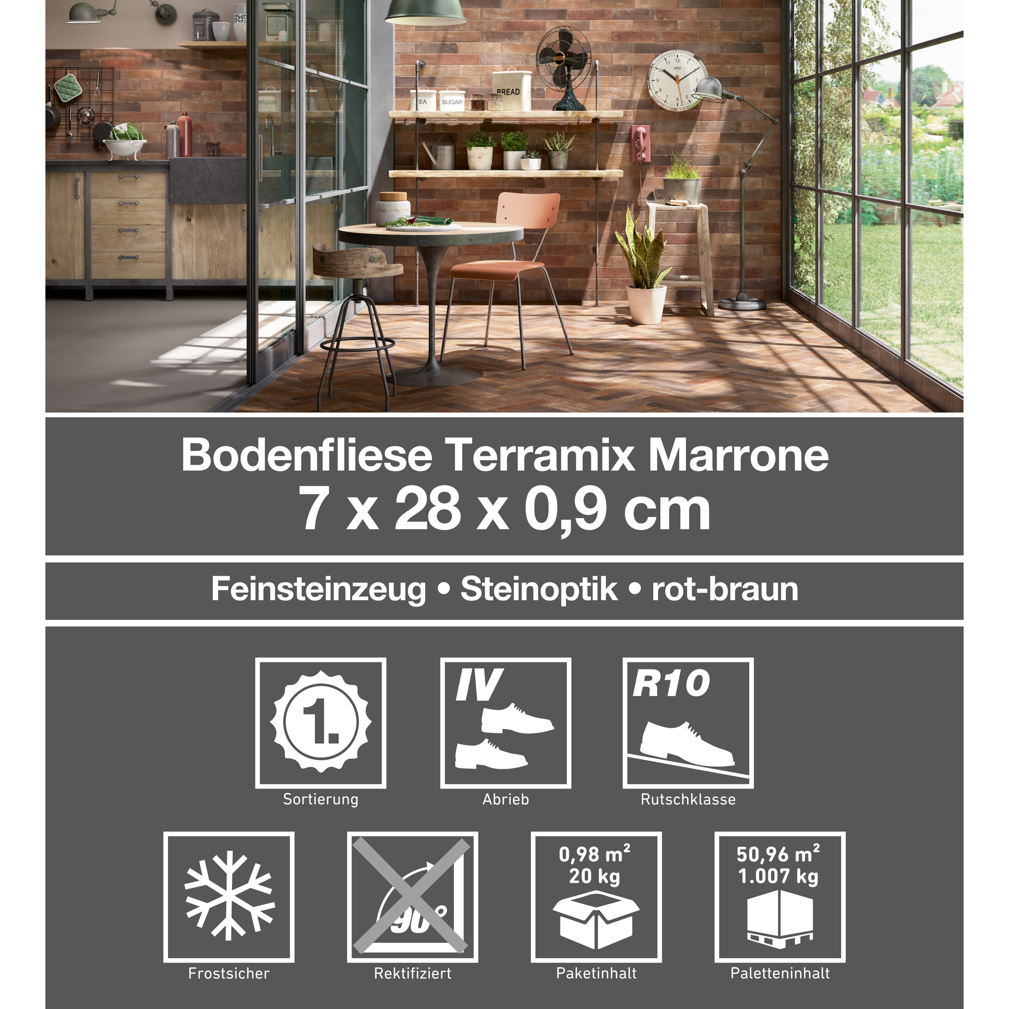 Bodenfliese 'Terramix' Feinsteinzeug braun 7 x 28 cm + product picture