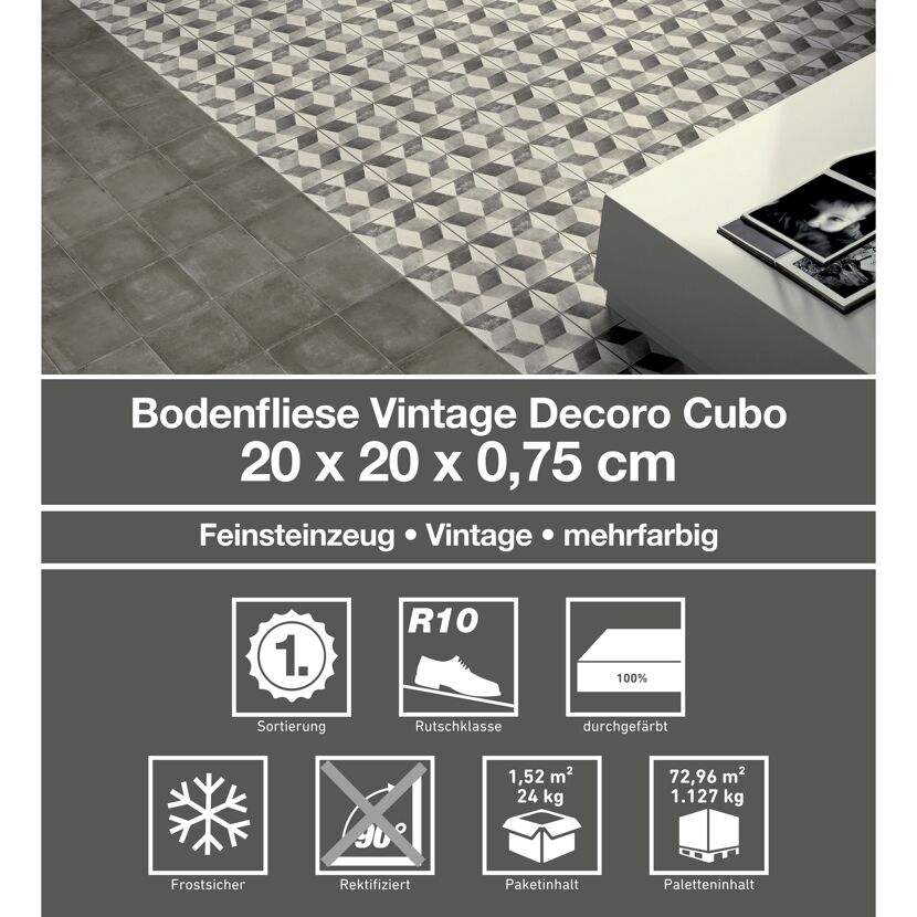 Bodenfliese 'Vintage' Feinsteinzeug cubo 20 x 20 cm
