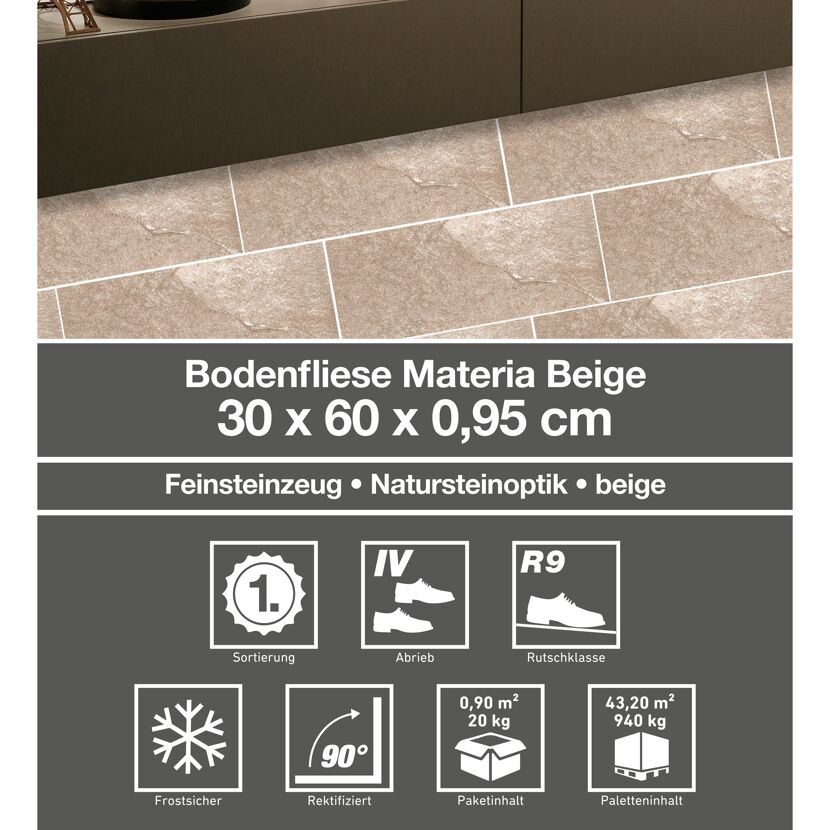 Beige Bodenfliese Materia, 30 x 60 x 0,95 cm