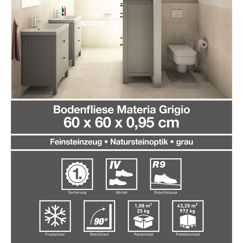 Bodenfliese 'Materia' Feinsteinzeug grau 60 x 60 cm