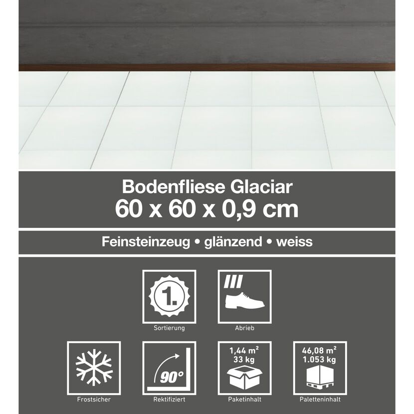 Weiße Bodenfliese Glaciar, glänzend