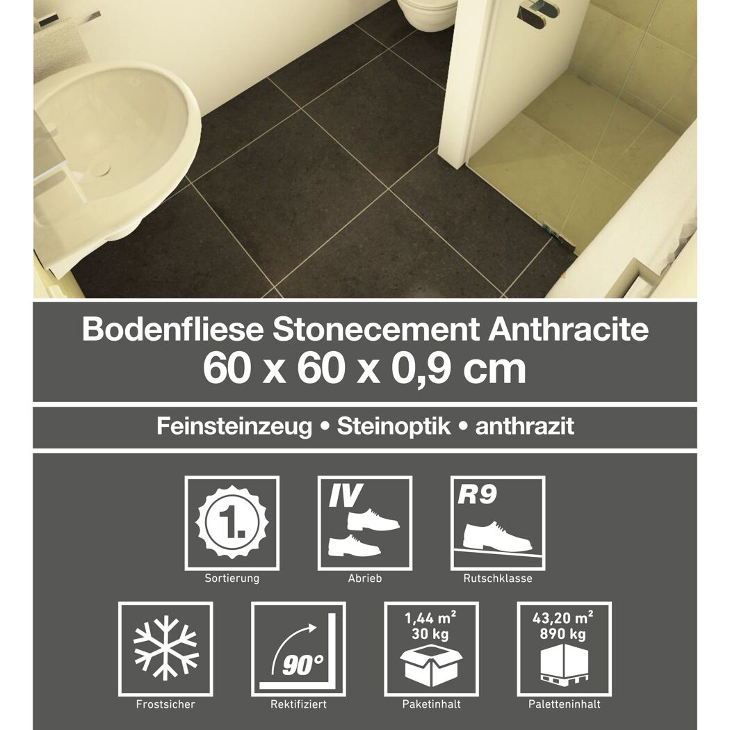 Bodenfliese 'Stonecement' Feinsteinzeug grau 60 x 60 cm