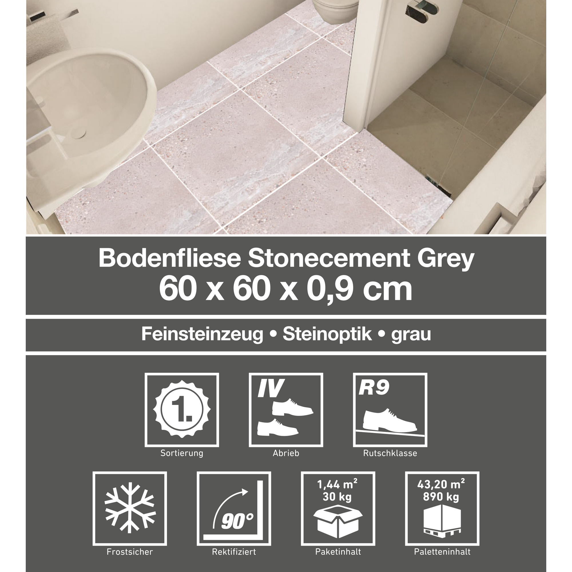 Bodenfliese 'Stonecement' Feinsteinzeug grau 60 x 60 cm + product picture