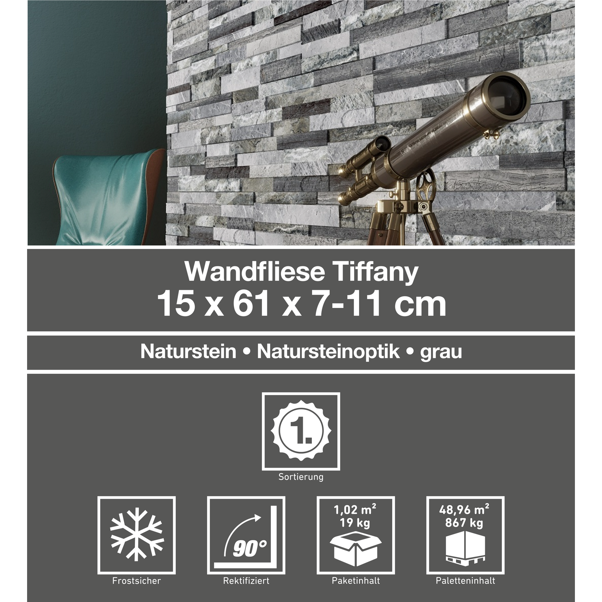 Wandfliese 'Tiffany' Feinsteinzeug grau 15 x 61 cm + product picture