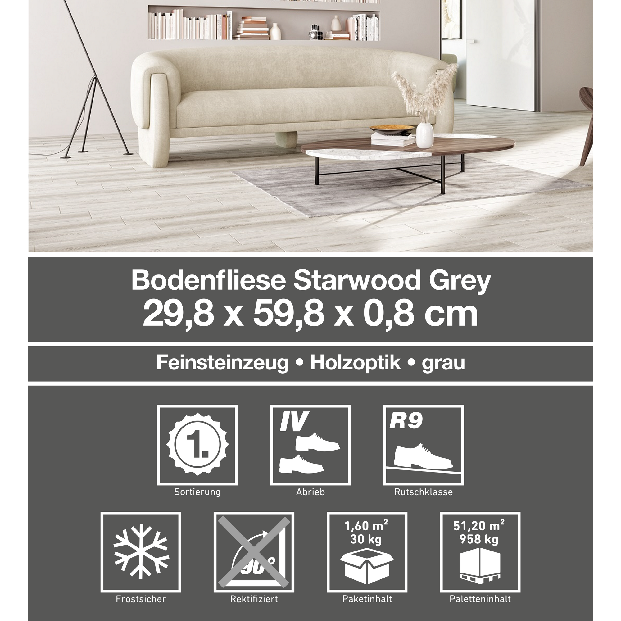 Bodenfliese 'Starwood' Feinsteinzeug grau 29,8 x 59,8 cm + product picture