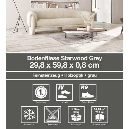 4. Bild von Bodenfliese 'Starwood' Feinsteinzeug grau 29,8 x 59,8 cm