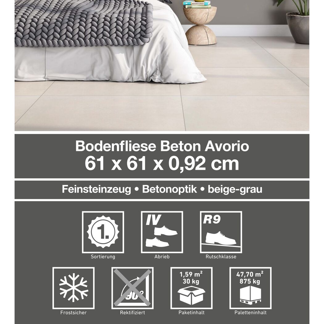 Beige Bodenfliese Beton Avorio im Schlafzimmer
