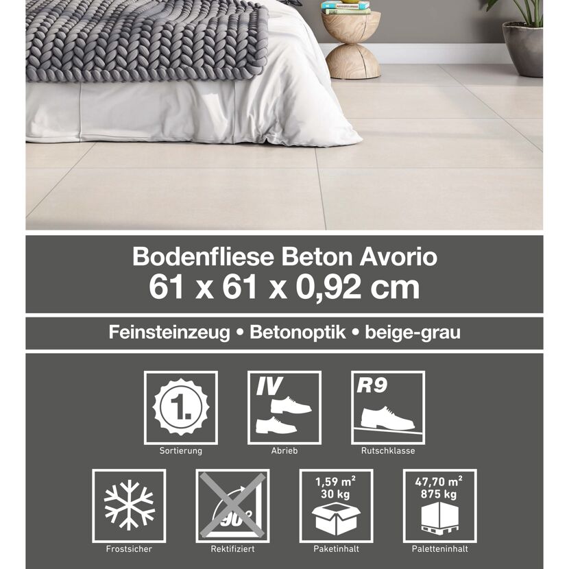 Beige Bodenfliese Beton Avorio im Schlafzimmer