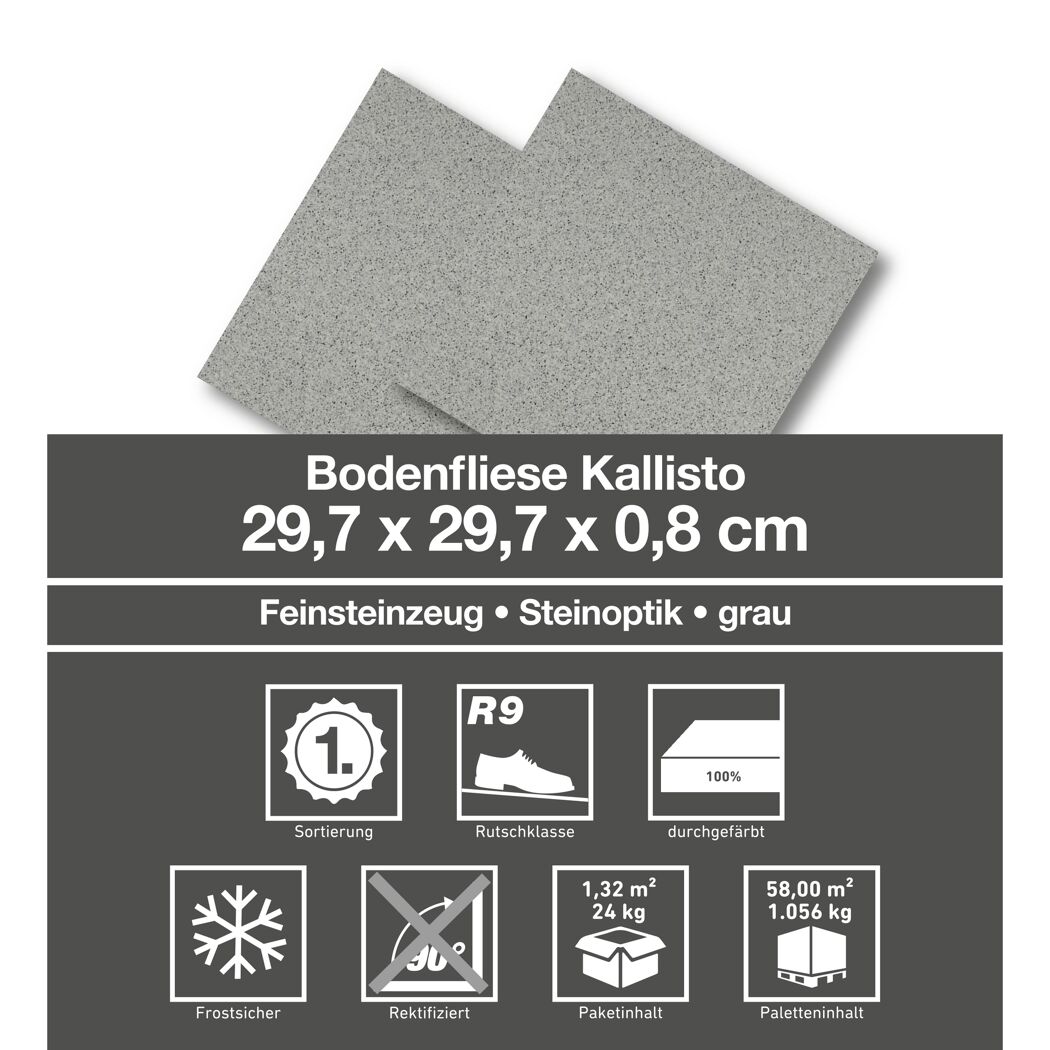 Graue Bodenfliese Kallisto, 29,7 x 29,7 x 0,8 cm