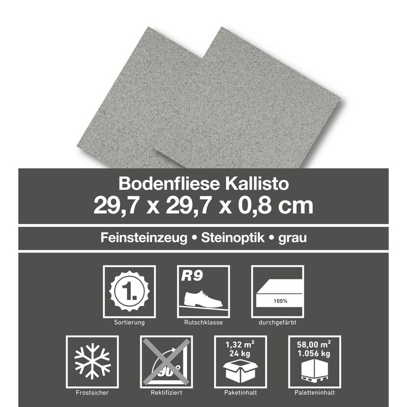 Graue Bodenfliese Kallisto, 29,7 x 29,7 x 0,8 cm