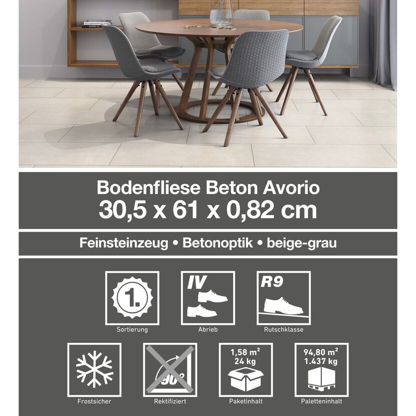 Beige-graue Bodenfliese Beton Avorio verlegt