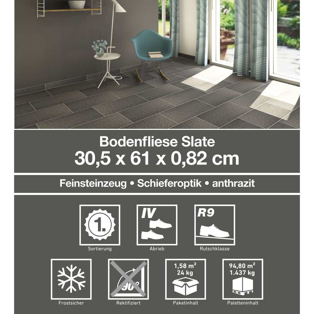 Anthrazitfarbene Bodenfliese Slate verlegt