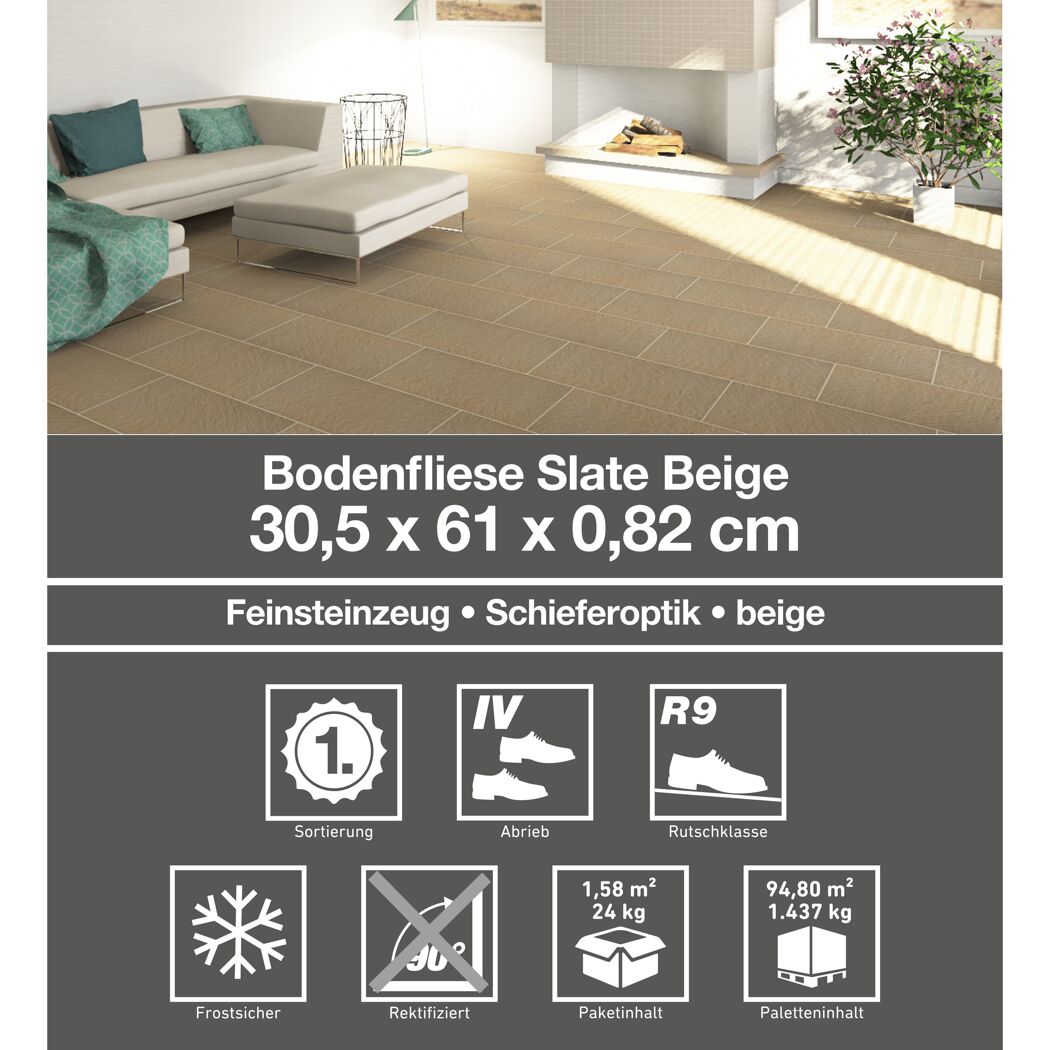 Beige Bodenfliese Slate Beige verlegt in einem Wohnzimmer