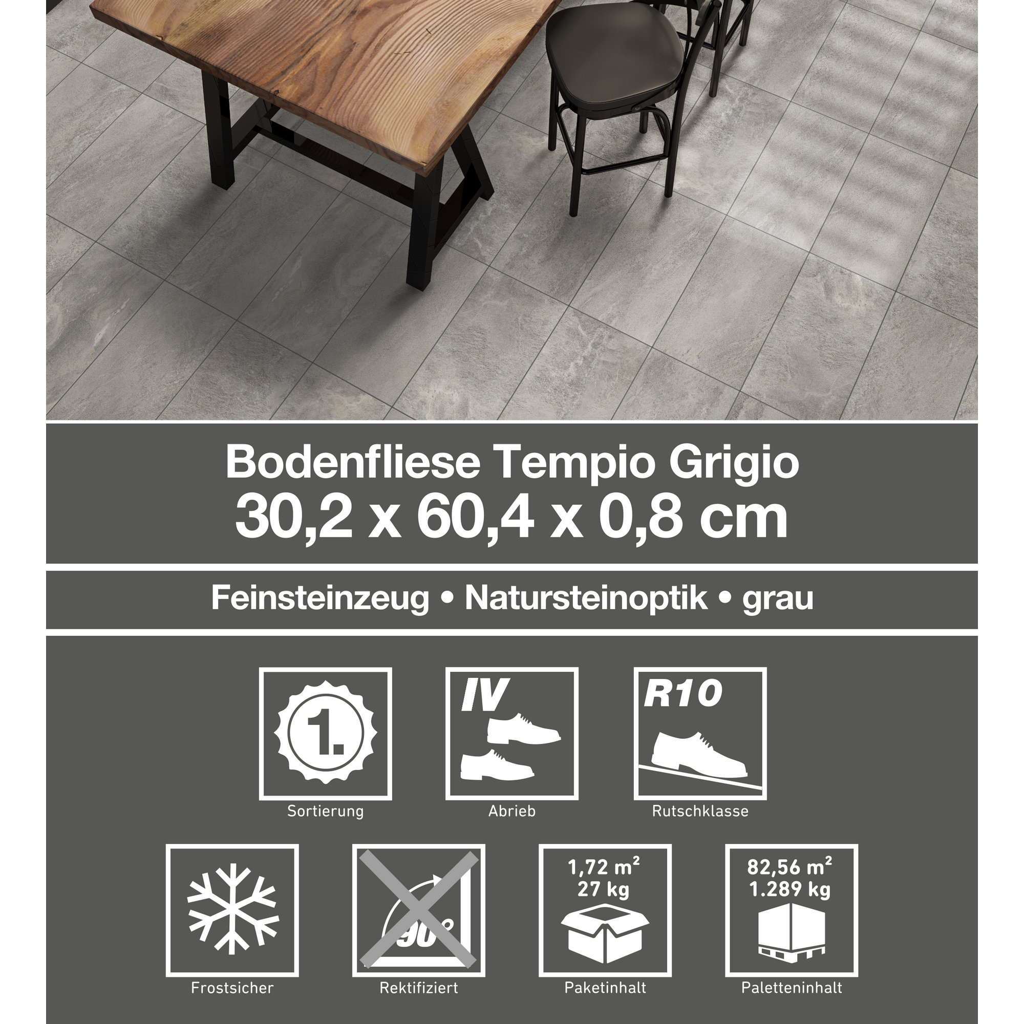 Bodenfliese 'Tempio' Feinsteinzeug grau 30,2 x 60,4 cm + product picture