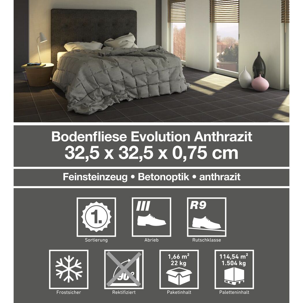 Anthrazitfarbene Bodenfliese in Schlafzimmer