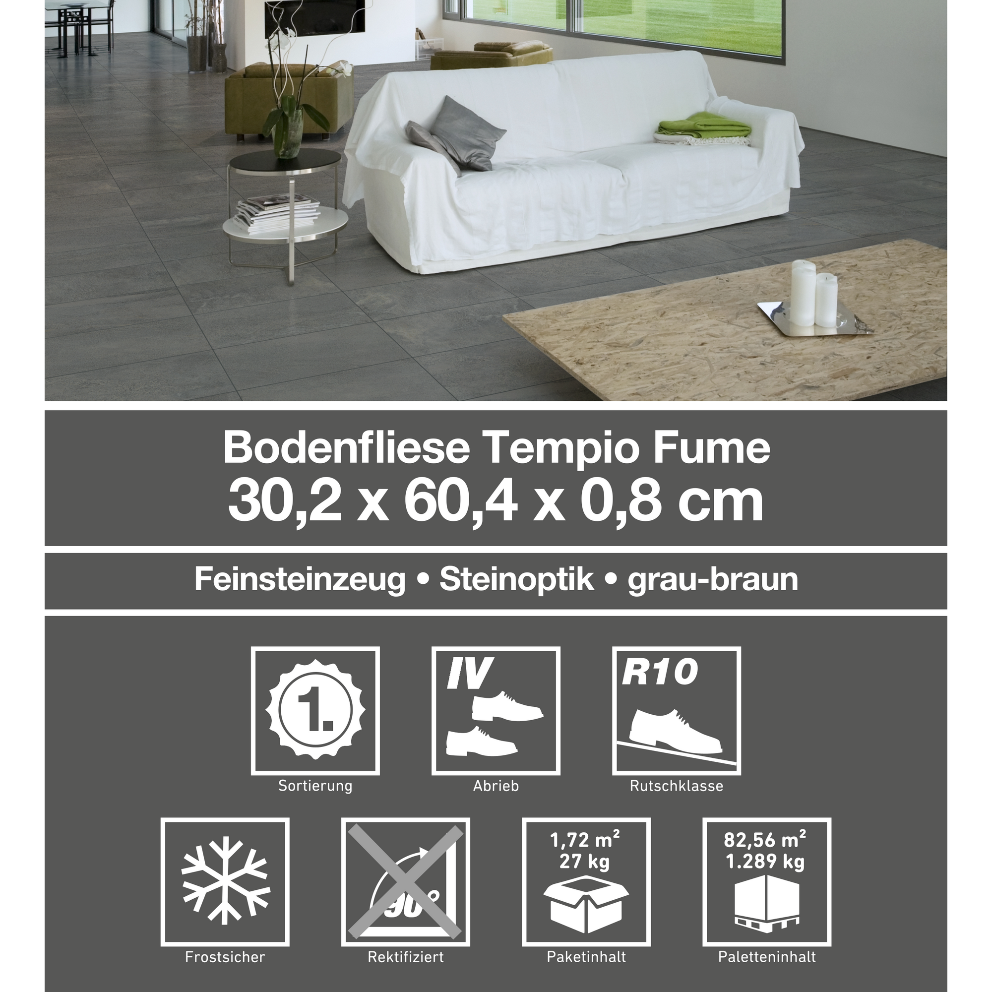 Bodenfliese 'Tempio' Feinsteinzeug grau-braun 30,2 x 60,4 cm + product picture